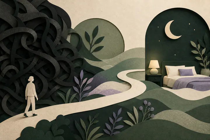 A tangled anxious path softening into a calm bedroom and moonlit rest