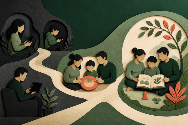 A family moving from isolated screens toward shared activities and connection
