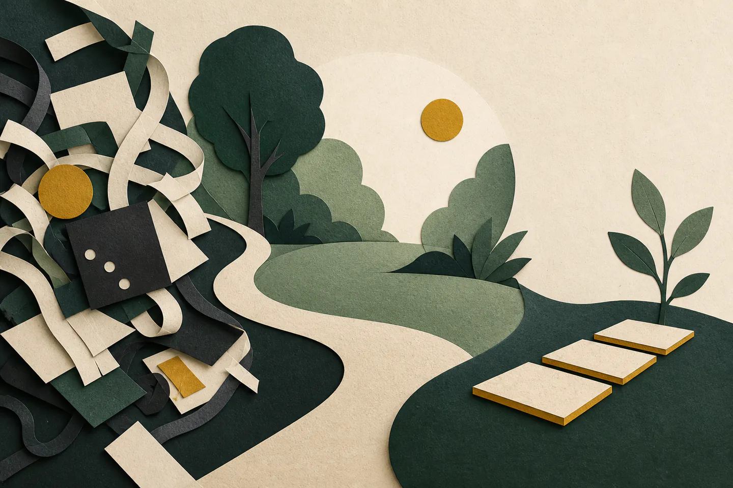 A tangled workload opening into a calm path with three manageable steps