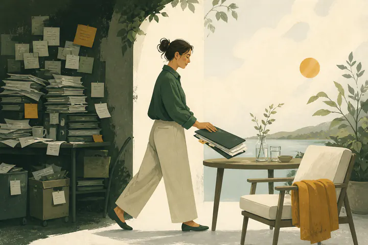 A person carrying work out of an overloaded space and into a calmer place to recover
