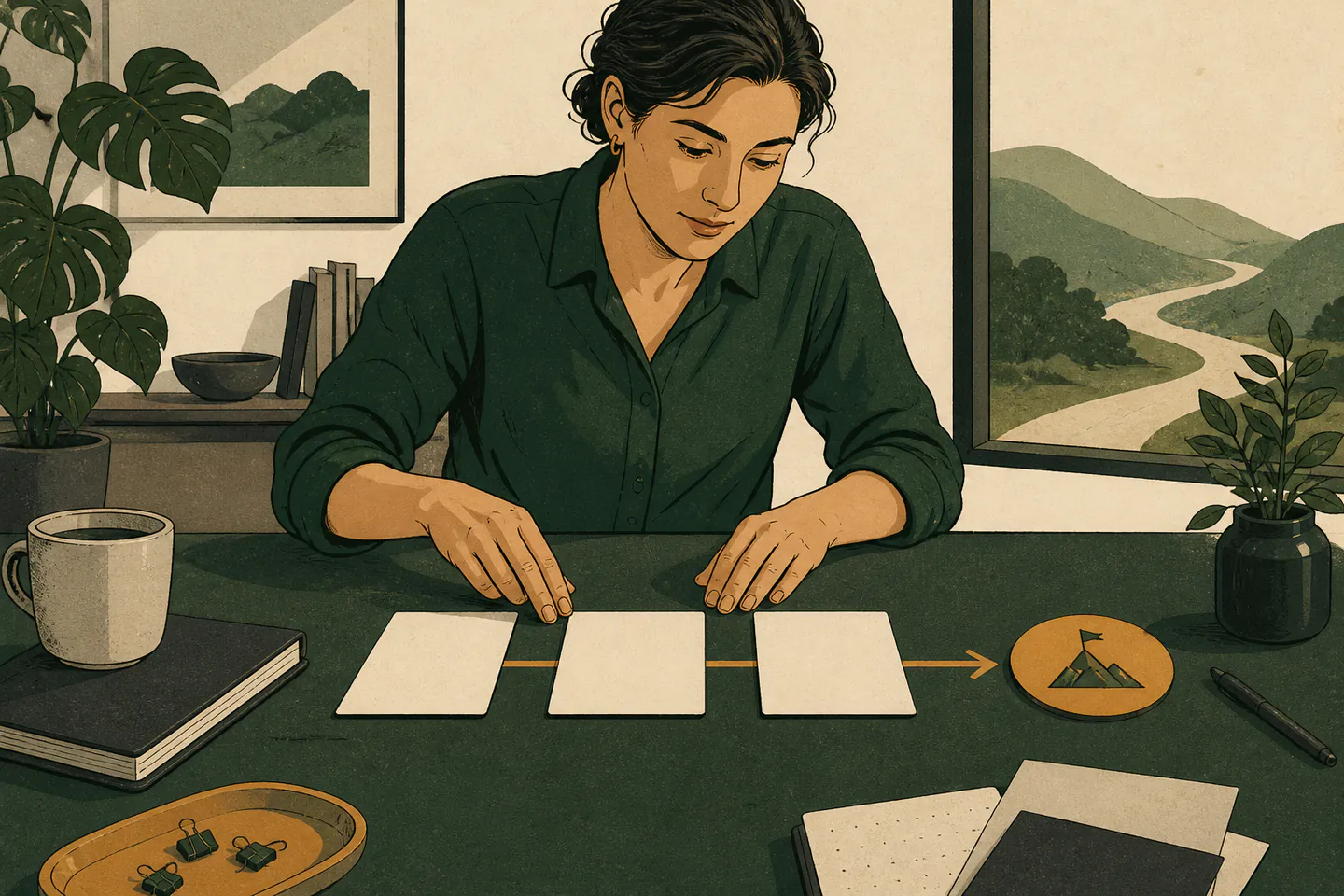 A person arranging three clear steps toward a meaningful goal