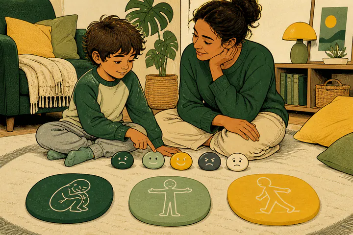 A child and caring grown-up naming a feeling and choosing a tiny routine