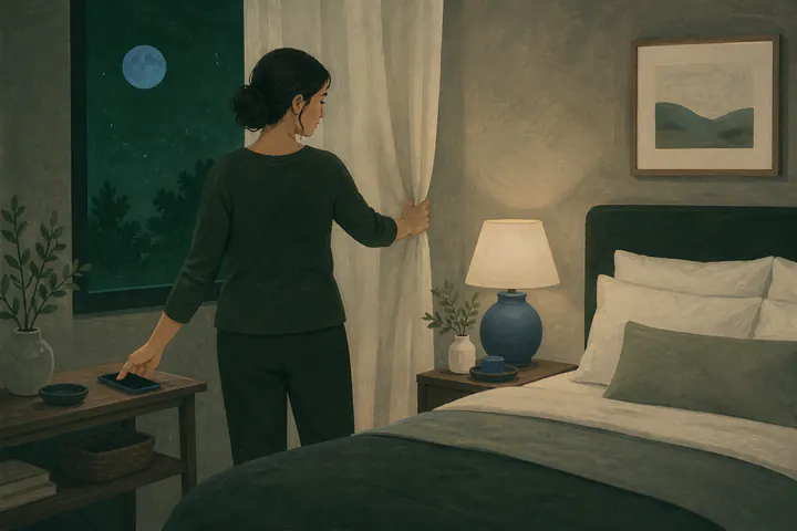 A person putting away their phone and preparing a calm bedroom for sleep