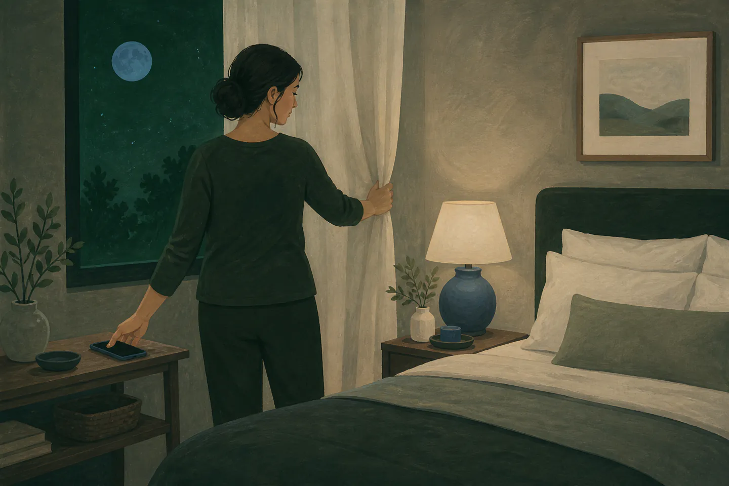 A person putting away their phone and preparing a calm bedroom for sleep