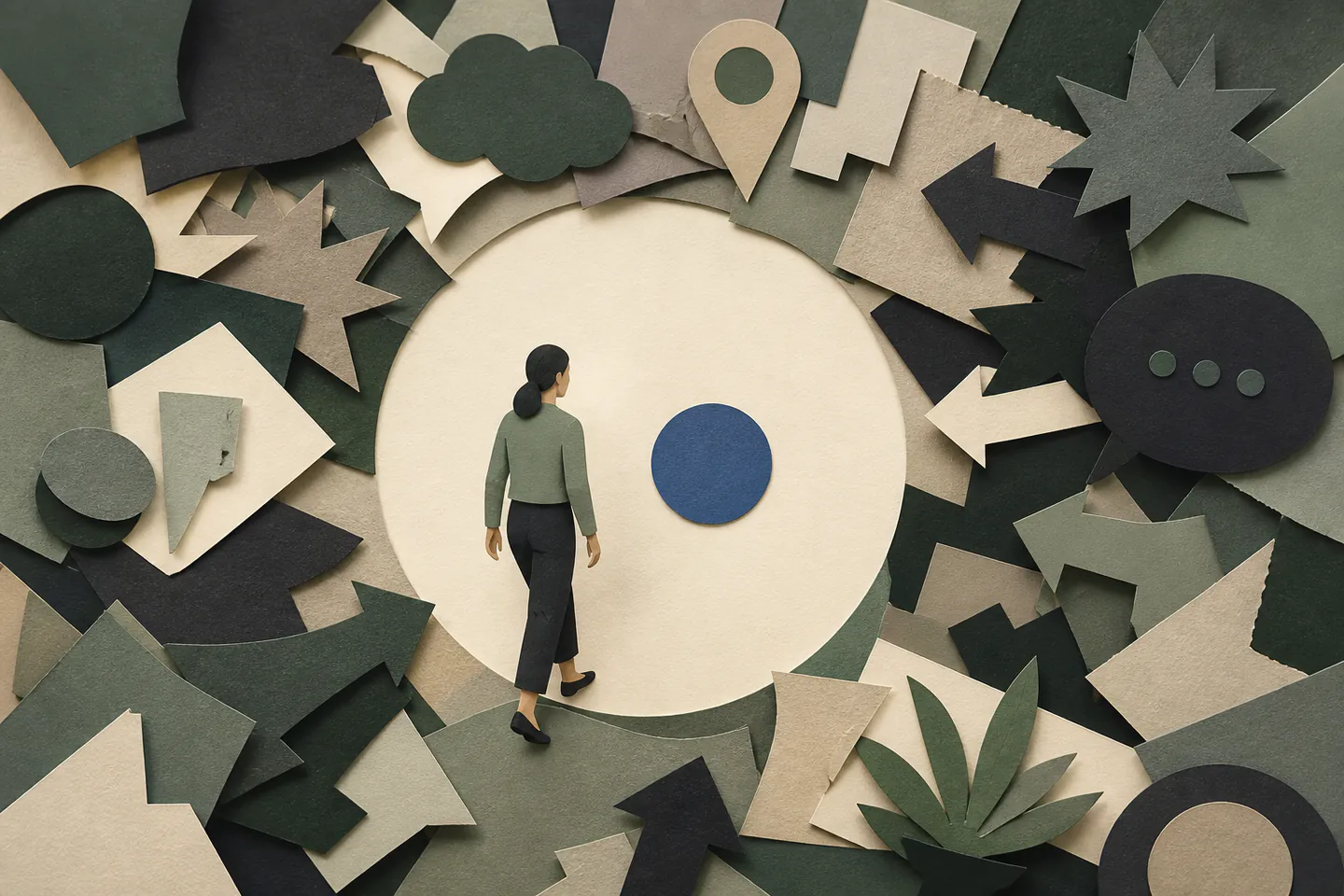 A person stepping away from noisy demands toward one clear action